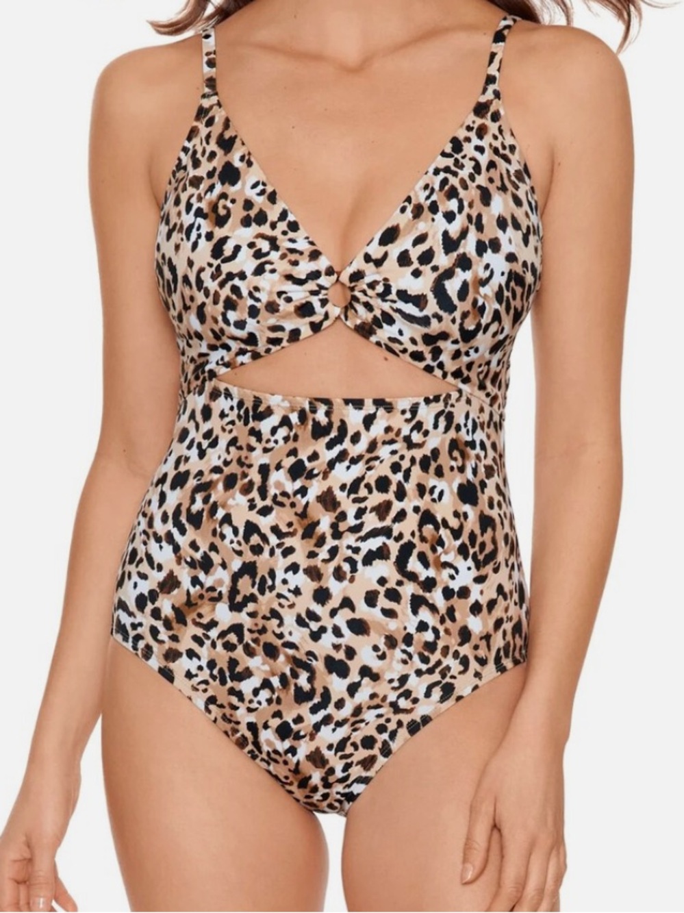 Leopard Print Cutout One-Piece Swimsuit - Tan/Black/White